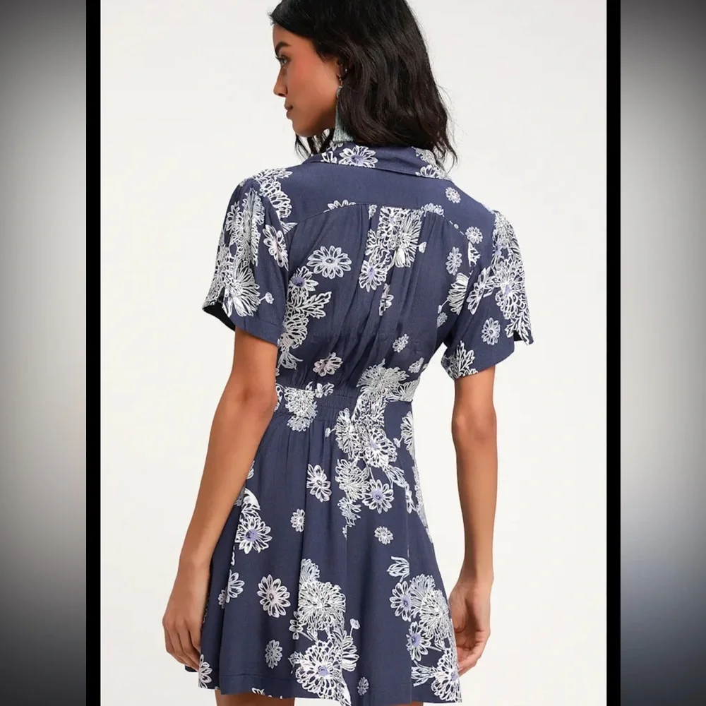 Free People Blue Hawaii Washed Blue Floral Print Mini Dress Size Large - Picture 2 of 10